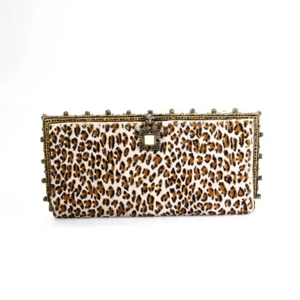 CLARA KASAVINA pony hair leopard print embellished clutch pochette bag